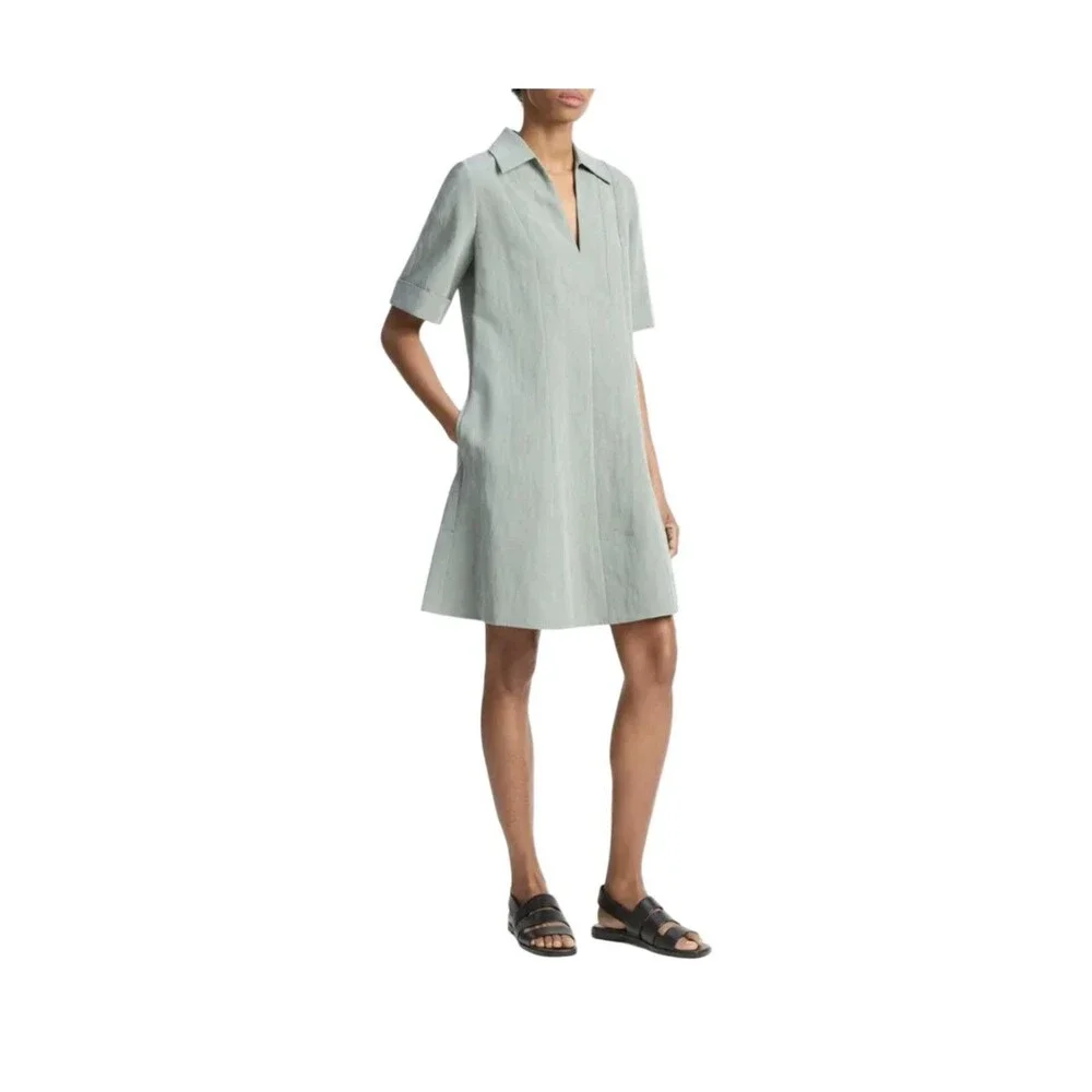 Vince A-Line Clay Sage Green Pocket Short Knee Length Dress Size Small NWY $448 - Picture 2 of 12